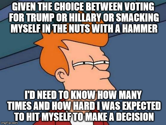 Futurama Fry |  GIVEN THE CHOICE BETWEEN VOTING FOR TRUMP OR HILLARY OR SMACKING MYSELF IN THE NUTS WITH A HAMMER; I'D NEED TO KNOW HOW MANY TIMES AND HOW HARD I WAS EXPECTED TO HIT MYSELF TO MAKE A DECISION | image tagged in memes,futurama fry | made w/ Imgflip meme maker