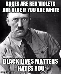 The truth about black lives matters leaked | ROSES ARE RED VIOLETS ARE BLUE IF YOU ARE WHITE; BLACK LIVES MATTERS HATES YOU | image tagged in adolf hitler,black lives matter | made w/ Imgflip meme maker