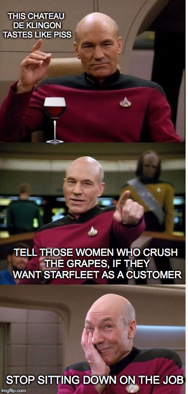 Bad Joke Picard | THIS CHATEAU DE KLINGON TASTES LIKE PISS; TELL THOSE WOMEN WHO CRUSH THE GRAPES, IF THEY WANT STARFLEET AS A CUSTOMER; STOP SITTING DOWN ON THE JOB | image tagged in wine drinker,klingon,picard,star trek | made w/ Imgflip meme maker