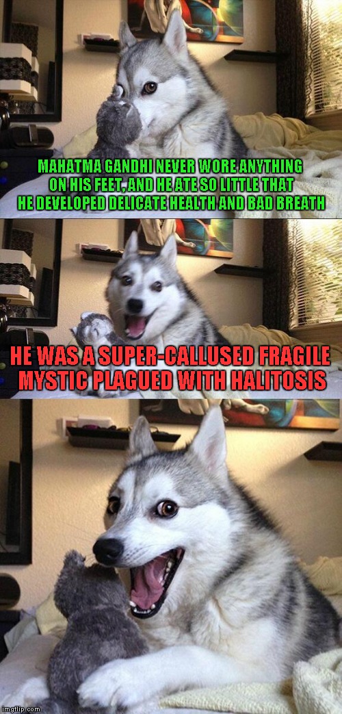 Bad Pun Dog Meme |  MAHATMA GANDHI NEVER WORE ANYTHING ON HIS FEET, AND HE ATE SO LITTLE THAT HE DEVELOPED DELICATE HEALTH AND BAD BREATH; HE WAS A SUPER-CALLUSED FRAGILE MYSTIC PLAGUED WITH HALITOSIS | image tagged in memes,bad pun dog | made w/ Imgflip meme maker