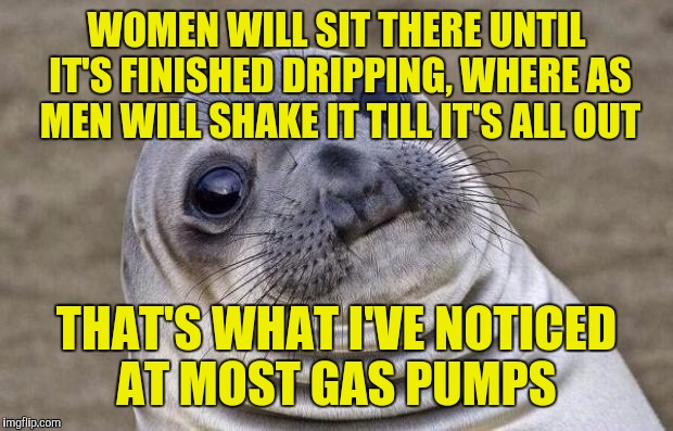 Awkward Moment Sealion | WOMEN WILL SIT THERE UNTIL IT'S FINISHED DRIPPING, WHERE AS MEN WILL SHAKE IT TILL IT'S ALL OUT; THAT'S WHAT I'VE NOTICED AT MOST GAS PUMPS | image tagged in memes,awkward moment sealion | made w/ Imgflip meme maker