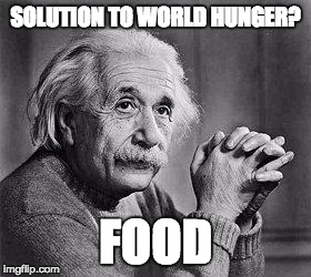 Albert Einstein | SOLUTION TO WORLD HUNGER? FOOD | image tagged in albert einstein | made w/ Imgflip meme maker