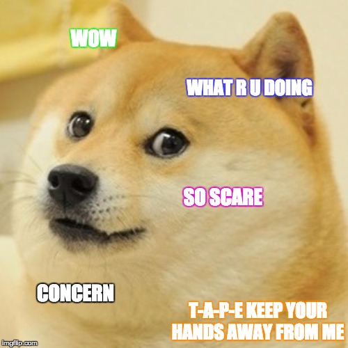 Doge  | WOW; WHAT R U DOING; SO SCARE; CONCERN; T-A-P-E KEEP YOUR HANDS AWAY FROM ME | image tagged in memes,doge,funny | made w/ Imgflip meme maker