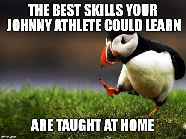 Being a good listener, taking direction, being a respectful student, a good friend and learning how to deal with failure.  | THE BEST SKILLS YOUR JOHNNY ATHLETE COULD LEARN; ARE TAUGHT AT HOME | image tagged in memes,unpopular opinion puffin | made w/ Imgflip meme maker