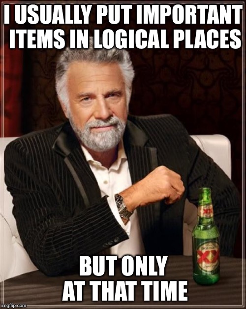 The Most Interesting Man In The World Meme | I USUALLY PUT IMPORTANT ITEMS IN LOGICAL PLACES BUT ONLY AT THAT TIME | image tagged in memes,the most interesting man in the world | made w/ Imgflip meme maker