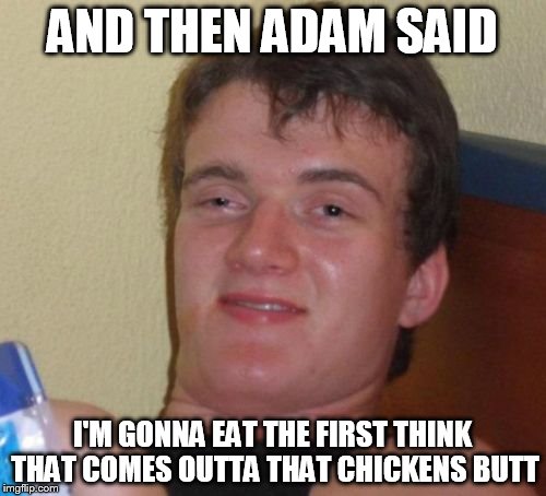10 Guy Meme | AND THEN ADAM SAID I'M GONNA EAT THE FIRST THINK THAT COMES OUTTA THAT CHICKENS BUTT | image tagged in memes,10 guy | made w/ Imgflip meme maker