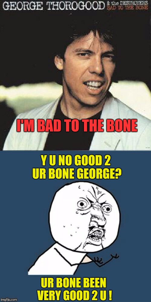Bad To The Bone ?? | I'M BAD TO THE BONE; Y U NO GOOD 2 UR BONE GEORGE? UR BONE BEEN VERY GOOD 2 U ! | image tagged in y u no guy,y u no,boner,boners,memes,funny memes | made w/ Imgflip meme maker