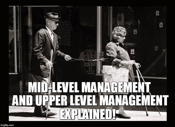 Corporate Management  | MID-LEVEL MANAGEMENT AND UPPER LEVEL MANAGEMENT; EXPLAINED! | image tagged in corporate,management,blind,memes,funny memes,meme | made w/ Imgflip meme maker