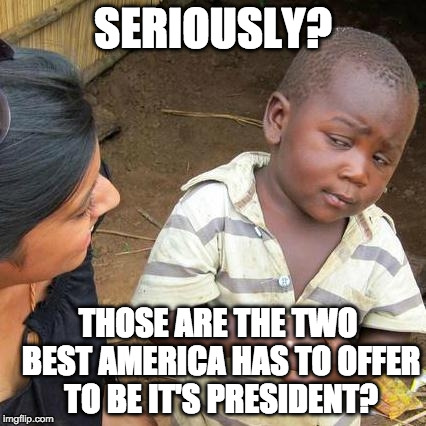 Third World Skeptical Kid | SERIOUSLY? THOSE ARE THE TWO BEST AMERICA HAS TO OFFER TO BE IT'S PRESIDENT? | image tagged in third world skeptical kid,donald trump,hillary clinton,bernie sanders,jill stein,gary johnson | made w/ Imgflip meme maker