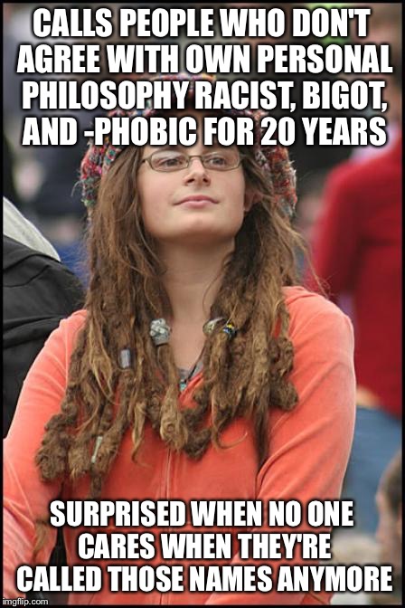 Hippy girl | CALLS PEOPLE WHO DON'T AGREE WITH OWN PERSONAL PHILOSOPHY RACIST, BIGOT, AND -PHOBIC FOR 20 YEARS; SURPRISED WHEN NO ONE CARES WHEN THEY'RE CALLED THOSE NAMES ANYMORE | image tagged in hippy girl | made w/ Imgflip meme maker