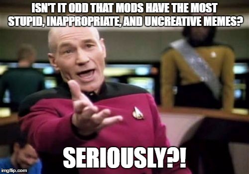 No offense people, but it's true. | ISN'T IT ODD THAT MODS HAVE THE MOST STUPID, INAPPROPRIATE, AND UNCREATIVE MEMES? SERIOUSLY?! | image tagged in memes,picard wtf,moderators,funny | made w/ Imgflip meme maker