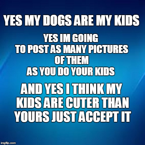 My Dogs Are My Kids | YES MY DOGS ARE MY KIDS; YES IM GOING TO POST AS MANY PICTURES OF THEM AS YOU DO YOUR KIDS; AND YES I THINK MY KIDS ARE CUTER THAN YOURS JUST ACCEPT IT | image tagged in dogs,family,animals,dog | made w/ Imgflip meme maker