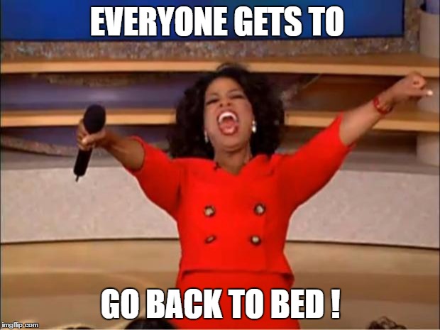 Oprah You Get A Meme | EVERYONE GETS TO GO BACK TO BED ! | image tagged in memes,oprah you get a | made w/ Imgflip meme maker