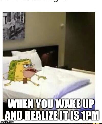 SpongeBob caveman bed | WHEN YOU WAKE UP AND REALIZE IT IS 1PM | image tagged in spongebob caveman bed | made w/ Imgflip meme maker