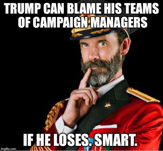 Captain Obvious | TRUMP CAN BLAME HIS TEAMS OF CAMPAIGN MANAGERS; IF HE LOSES. SMART. | image tagged in obviously a good suggestion | made w/ Imgflip meme maker