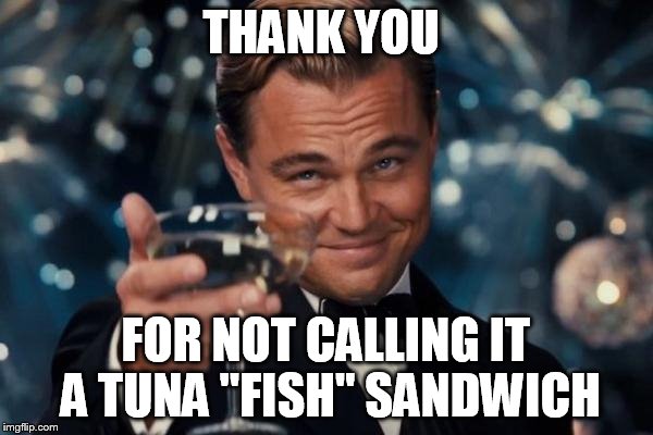 Leonardo Dicaprio Cheers Meme | THANK YOU FOR NOT CALLING IT A TUNA "FISH" SANDWICH | image tagged in memes,leonardo dicaprio cheers | made w/ Imgflip meme maker