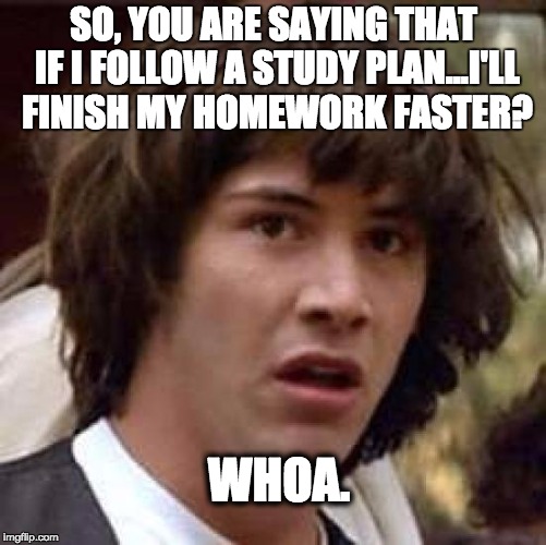 Conspiracy Keanu Meme | SO, YOU ARE SAYING THAT IF I FOLLOW A STUDY PLAN...I'LL FINISH MY HOMEWORK FASTER? WHOA. | image tagged in memes,conspiracy keanu | made w/ Imgflip meme maker