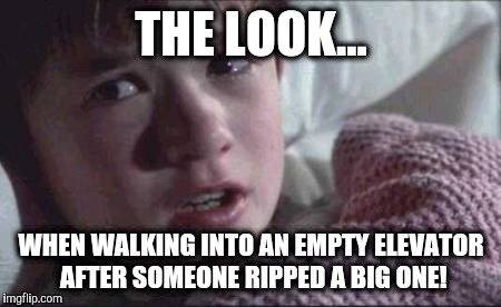 Elevator farts | THE LOOK... WHEN WALKING INTO AN EMPTY ELEVATOR AFTER SOMEONE RIPPED A BIG ONE! | image tagged in memes,i see dead people,fart,farts,farting | made w/ Imgflip meme maker