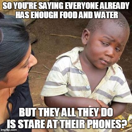 Third World Skeptical Kid | SO YOU'RE SAYING EVERYONE ALREADY HAS ENOUGH FOOD AND WATER; BUT THEY ALL THEY DO IS STARE AT THEIR PHONES? | image tagged in memes,third world skeptical kid | made w/ Imgflip meme maker