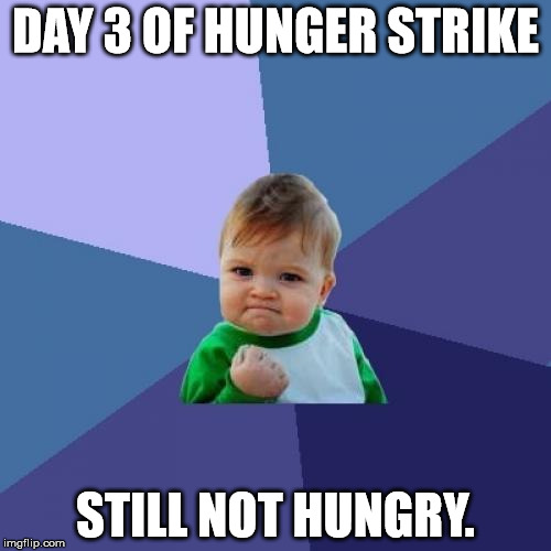 Success Kid | DAY 3 OF HUNGER STRIKE; STILL NOT HUNGRY. | image tagged in memes,success kid | made w/ Imgflip meme maker
