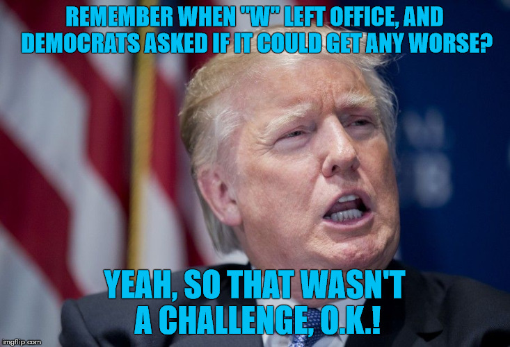 Donald Trump Derp | REMEMBER WHEN "W" LEFT OFFICE, AND DEMOCRATS ASKED IF IT COULD GET ANY WORSE? YEAH, SO THAT WASN'T A CHALLENGE, O.K.! | image tagged in donald trump derp | made w/ Imgflip meme maker