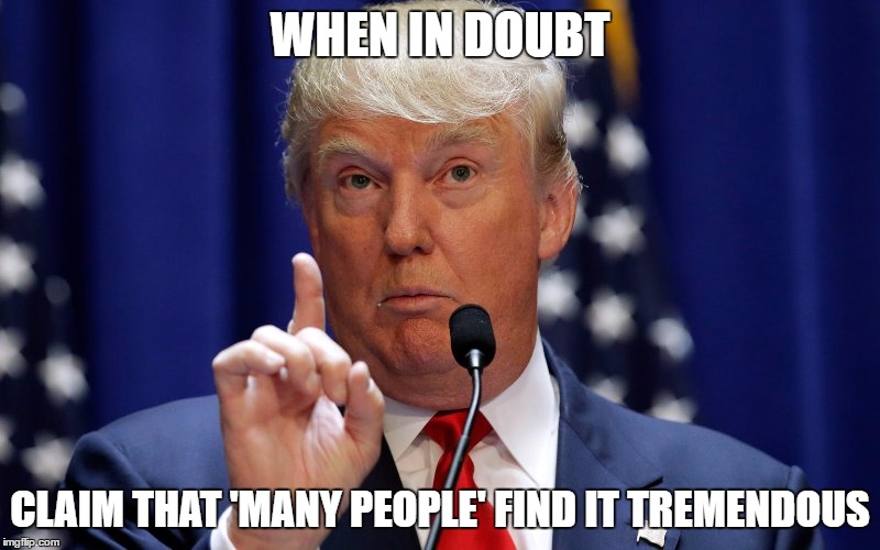 Trump Tactics | WHEN IN DOUBT; CLAIM THAT 'MANY PEOPLE' FIND IT TREMENDOUS | image tagged in donald trump,trump,republicans | made w/ Imgflip meme maker