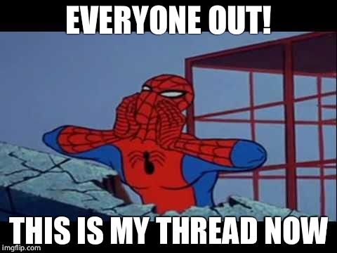 Spiderman yelling | EVERYONE OUT! THIS IS MY THREAD NOW | image tagged in spiderman yelling | made w/ Imgflip meme maker