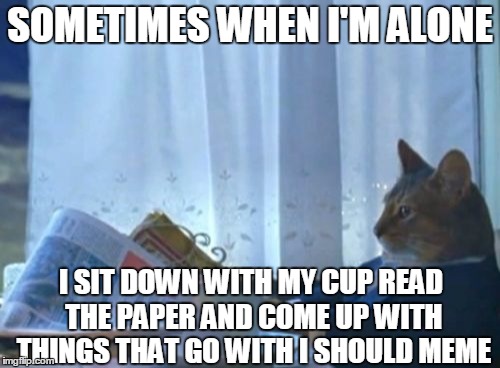 Sometimes When Im Alone | SOMETIMES WHEN I'M ALONE; I SIT DOWN WITH MY CUP READ THE PAPER AND COME UP WITH THINGS THAT GO WITH I SHOULD MEME | image tagged in memes,i should buy a boat cat | made w/ Imgflip meme maker
