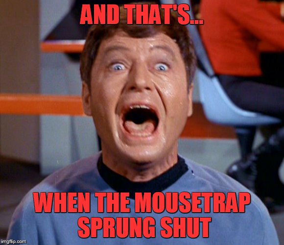 McCoy Gets an Owie | AND THAT'S... WHEN THE MOUSETRAP SPRUNG SHUT | image tagged in mccoy,star trek,memes,meme,funny meme | made w/ Imgflip meme maker