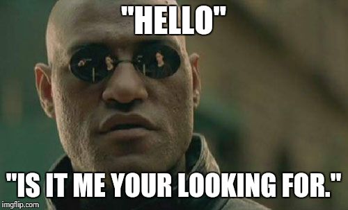 Matrix Morpheus Meme | "HELLO"; "IS IT ME YOUR LOOKING FOR." | image tagged in memes,matrix morpheus | made w/ Imgflip meme maker