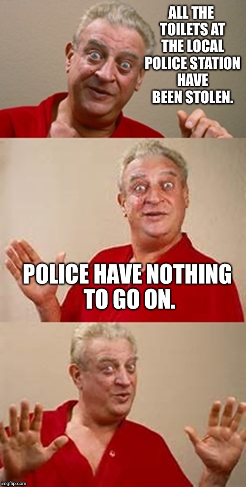 Thanks oil change place.  | ALL THE TOILETS AT THE LOCAL POLICE STATION HAVE BEEN STOLEN. POLICE HAVE NOTHING TO GO ON. | image tagged in bad pun dangerfield | made w/ Imgflip meme maker