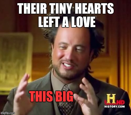 Ancient Aliens Meme | THEIR TINY HEARTS LEFT A LOVE THIS BIG | image tagged in memes,ancient aliens | made w/ Imgflip meme maker