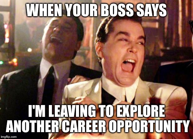 Goodfellas Laugh | WHEN YOUR BOSS SAYS; I'M LEAVING TO EXPLORE ANOTHER CAREER OPPORTUNITY | image tagged in goodfellas laugh | made w/ Imgflip meme maker