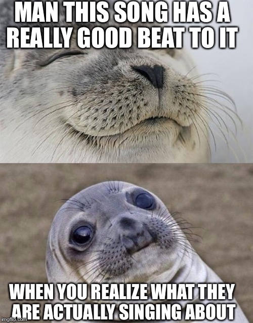 This is me when I listen to Ariana Grande on the radio | MAN THIS SONG HAS A REALLY GOOD BEAT TO IT; WHEN YOU REALIZE WHAT THEY ARE ACTUALLY SINGING ABOUT | image tagged in memes,short satisfaction vs truth,awkward moment sealion,satisfied seal,funny | made w/ Imgflip meme maker