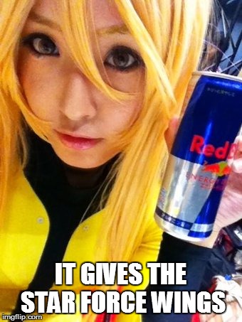 Red Bull - it gives the Star Force wings | IT GIVES THE STAR FORCE WINGS | image tagged in space battleship yamato,red bull,star blazers,cosplay | made w/ Imgflip meme maker