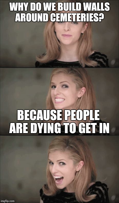 I kill me :-D | WHY DO WE BUILD WALLS AROUND CEMETERIES? BECAUSE PEOPLE ARE DYING TO GET IN | image tagged in memes,bad pun anna kendrick | made w/ Imgflip meme maker