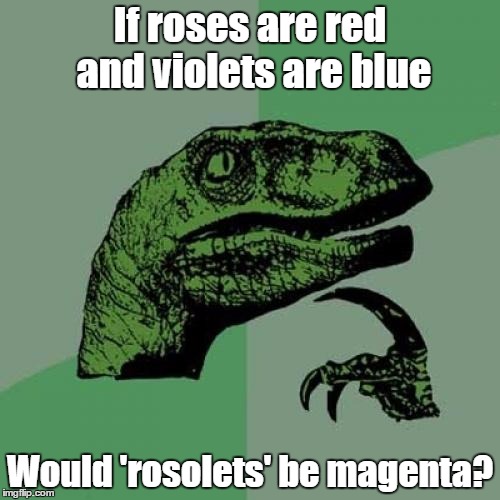Philosoraptor Meme | If roses are red and violets are blue; Would 'rosolets' be magenta? | image tagged in memes,philosoraptor | made w/ Imgflip meme maker