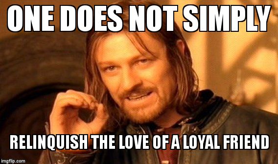 One Does Not Simply Meme | ONE DOES NOT SIMPLY RELINQUISH THE LOVE OF A LOYAL FRIEND | image tagged in memes,one does not simply | made w/ Imgflip meme maker