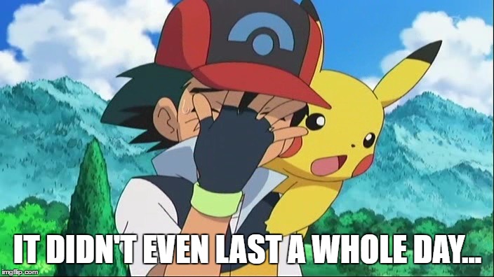 Ash Ketchum Facepalm | IT DIDN'T EVEN LAST A WHOLE DAY... | image tagged in ash ketchum facepalm | made w/ Imgflip meme maker