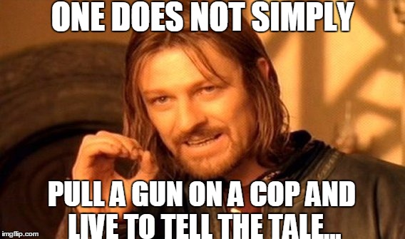 One Does Not Simply Meme | ONE DOES NOT SIMPLY; PULL A GUN ON A COP AND LIVE TO TELL THE TALE... | image tagged in memes,one does not simply | made w/ Imgflip meme maker