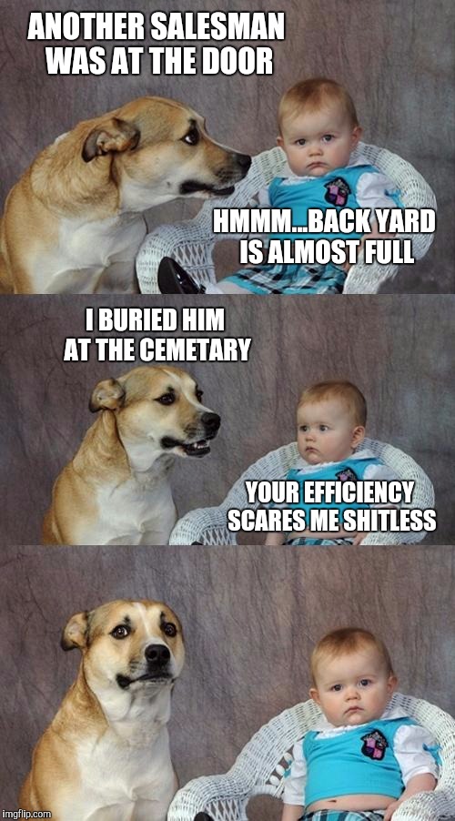 Dad Joke Dog | ANOTHER SALESMAN WAS AT THE DOOR; HMMM...BACK YARD IS ALMOST FULL; I BURIED HIM AT THE CEMETARY; YOUR EFFICIENCY SCARES ME SHITLESS | image tagged in memes,dad joke dog | made w/ Imgflip meme maker
