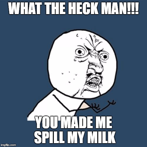 Y U No | WHAT THE HECK MAN!!! YOU MADE ME SPILL MY MILK | image tagged in memes,y u no | made w/ Imgflip meme maker