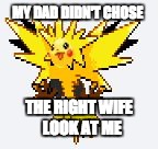 pikadose | MY DAD DIDN'T CHOSE; THE RIGHT WIFE 
LOOK AT ME | image tagged in weifhweoifgwe | made w/ Imgflip meme maker