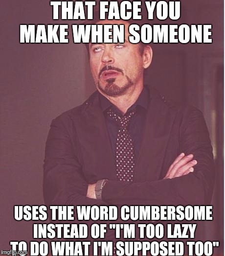 Fancy that! | THAT FACE YOU MAKE WHEN SOMEONE; USES THE WORD CUMBERSOME INSTEAD OF "I'M TOO LAZY TO DO WHAT I'M SUPPOSED TOO" | image tagged in memes,face you make robert downey jr | made w/ Imgflip meme maker