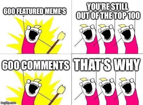 What Do We Want | 600 FEATURED MEME'S; YOU'RE STILL OUT OF THE TOP 100; 600 COMMENTS; THAT'S WHY | image tagged in memes,what do we want | made w/ Imgflip meme maker