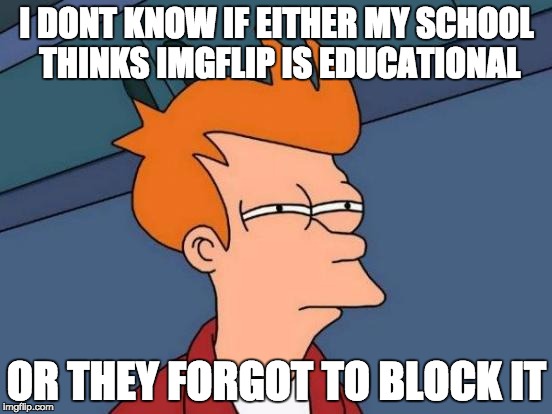 Seriously I go on this everyday a school | I DONT KNOW IF EITHER MY SCHOOL THINKS IMGFLIP IS EDUCATIONAL; OR THEY FORGOT TO BLOCK IT | image tagged in memes,futurama fry | made w/ Imgflip meme maker