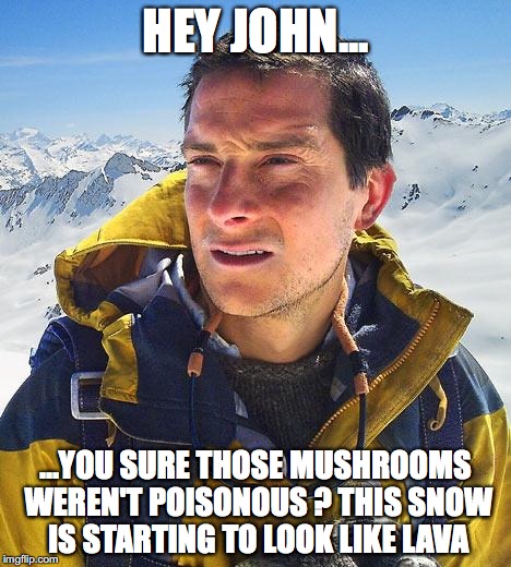 Bear Grylls | HEY JOHN... ...YOU SURE THOSE MUSHROOMS WEREN'T POISONOUS ? THIS SNOW IS STARTING TO LOOK LIKE LAVA | image tagged in memes,bear grylls | made w/ Imgflip meme maker