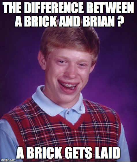 Bad Luck Brian Meme | THE DIFFERENCE BETWEEN A BRICK AND BRIAN ? A BRICK GETS LAID | image tagged in memes,bad luck brian | made w/ Imgflip meme maker