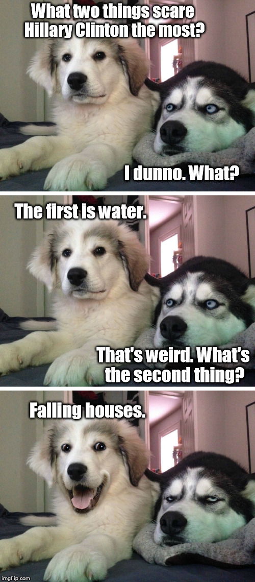 I'll get you, my pretty... and your pun dogs, too! | What two things scare Hillary Clinton the most? I dunno. What? The first is water. That's weird. What's the second thing? Falling houses. | image tagged in bad pun dogs,hillary clinton,hillary,wizard of oz | made w/ Imgflip meme maker