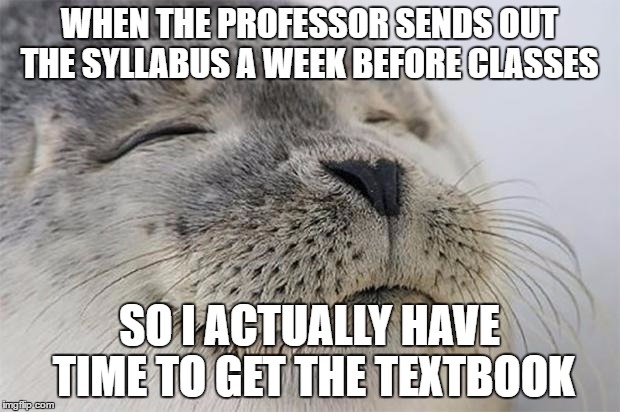 Satisfied Seal Meme | WHEN THE PROFESSOR SENDS OUT THE SYLLABUS A WEEK BEFORE CLASSES; SO I ACTUALLY HAVE TIME TO GET THE TEXTBOOK | image tagged in memes,satisfied seal,AdviceAnimals | made w/ Imgflip meme maker